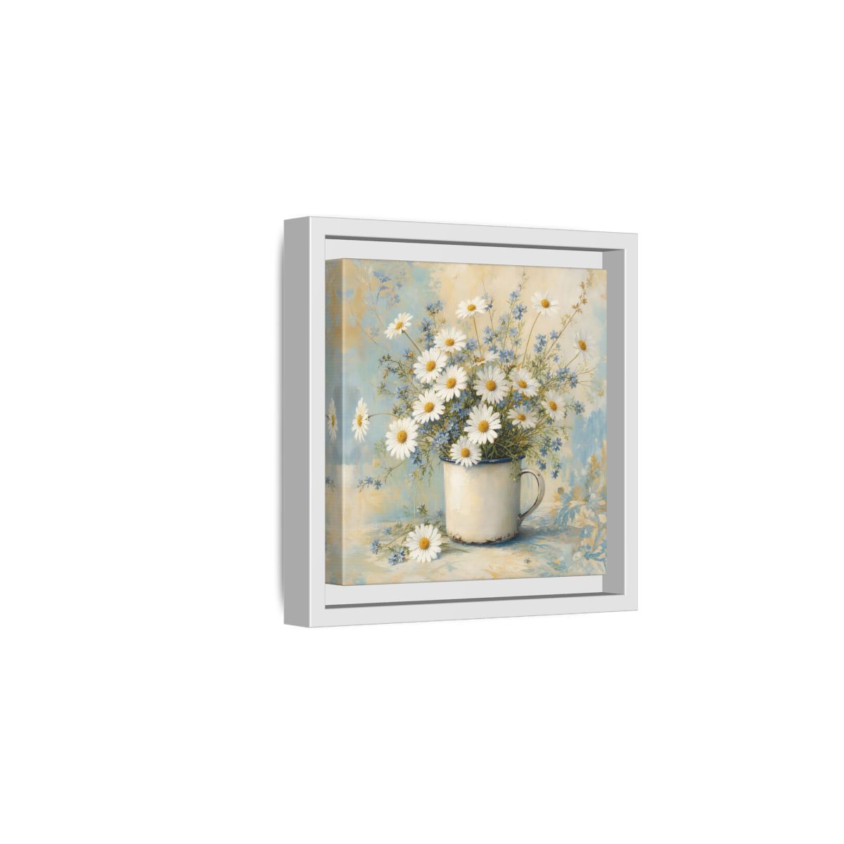 Side Mockup 1. Timeless Heritage Painting White Daisies In Enamel Cup shown as stretched canvas wall art
