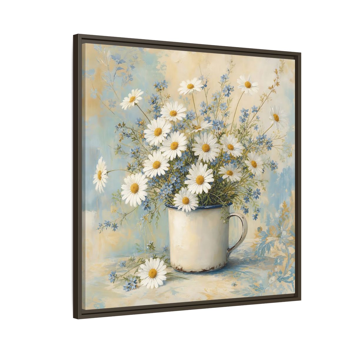 Side Mockup 8. Timeless Heritage Painting White Daisies In Enamel Cup shown as stretched canvas wall art