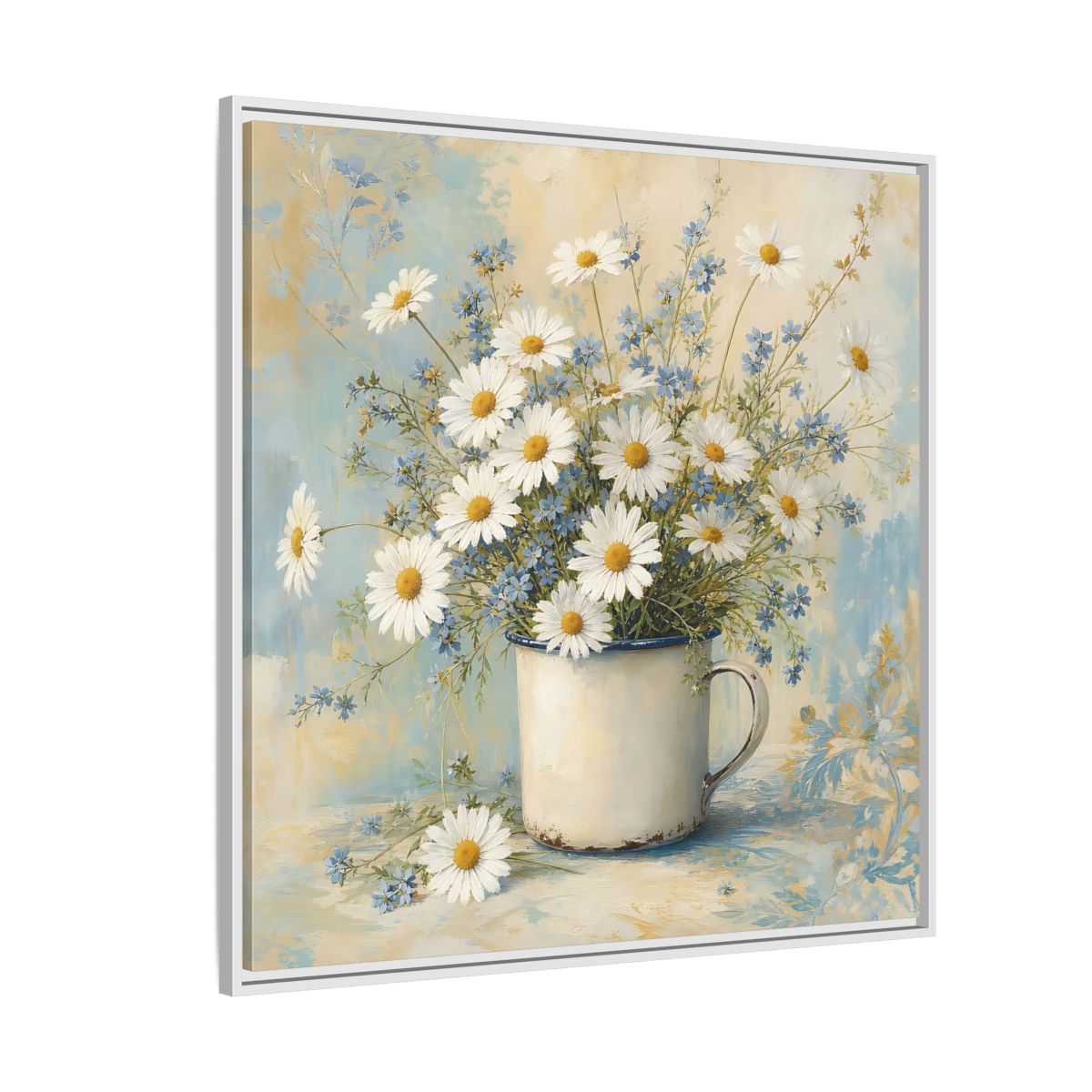 Side Mockup 4. Timeless Heritage Painting White Daisies In Enamel Cup shown as stretched canvas wall art