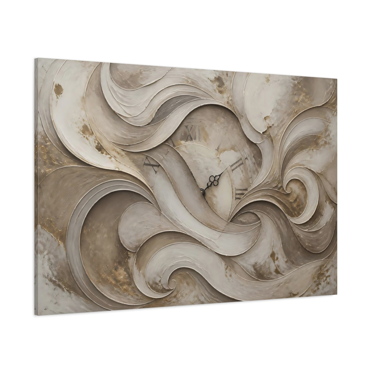 Side Mockup 1. Timeless Taupe Plaster Clock shown as canvas print