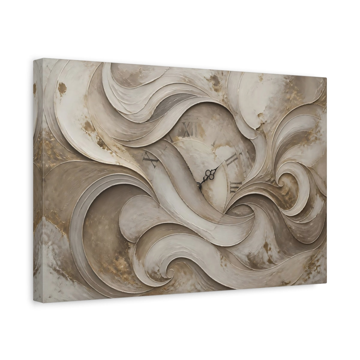 Side Mockup 4. Timeless Taupe Plaster Clock shown as canvas print