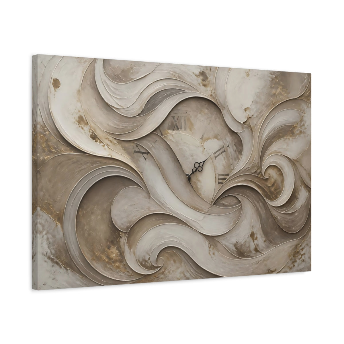 Side Mockup 2. Timeless Taupe Plaster Clock shown as canvas print