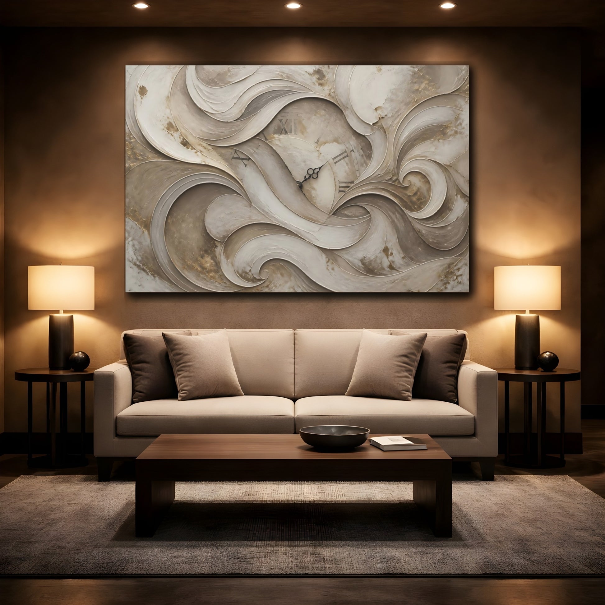 Mockup 2. Timeless Taupe Plaster Clock shown as canvas print