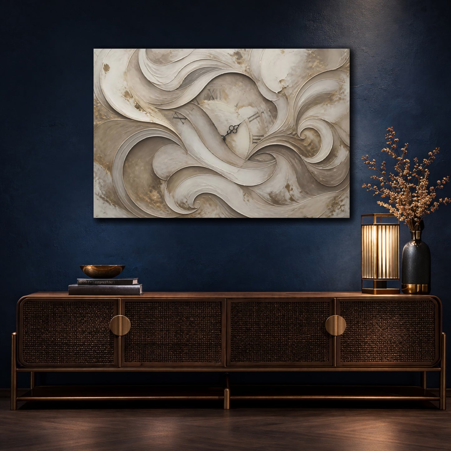Mockup 4. Timeless Taupe Plaster Clock shown as canvas print