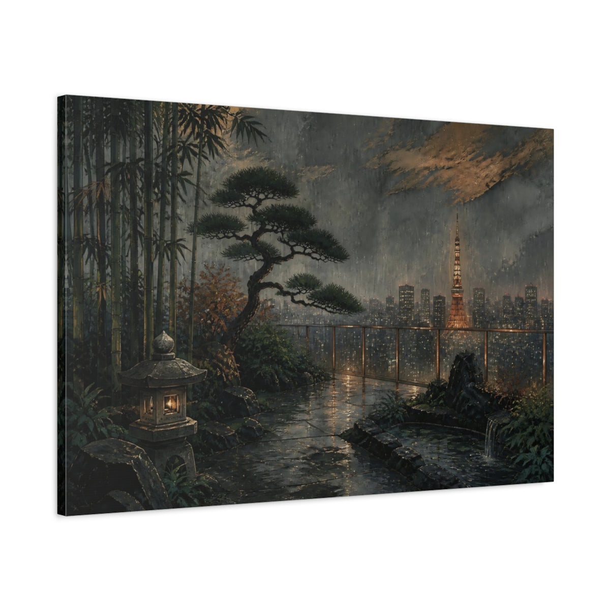 Main Mockup. Tokyo Garden At Dusk shown as canvas print