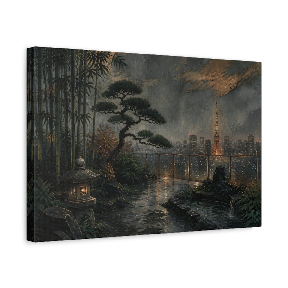 Side Mockup 4. Tokyo Garden At Dusk shown as canvas print