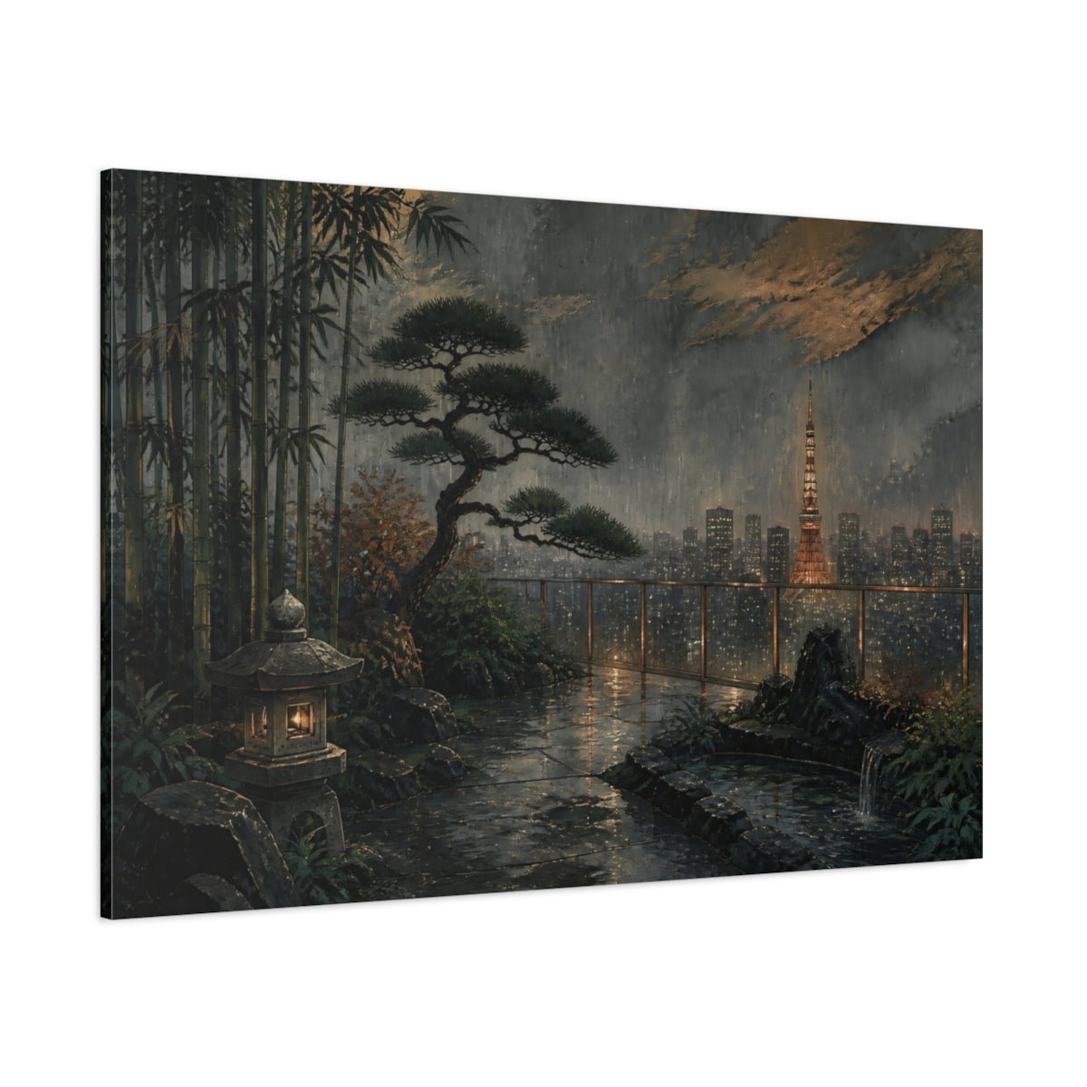 Side Mockup 1. Tokyo Garden At Dusk shown as canvas print