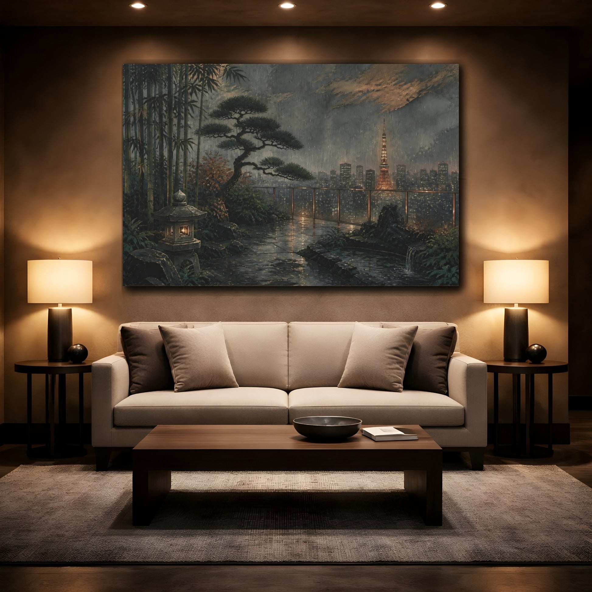 Mockup 2. Tokyo Garden At Dusk shown as canvas print