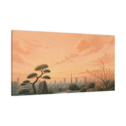 Main Mockup. Tokyo Rooftop At Sunset shown as canvas print