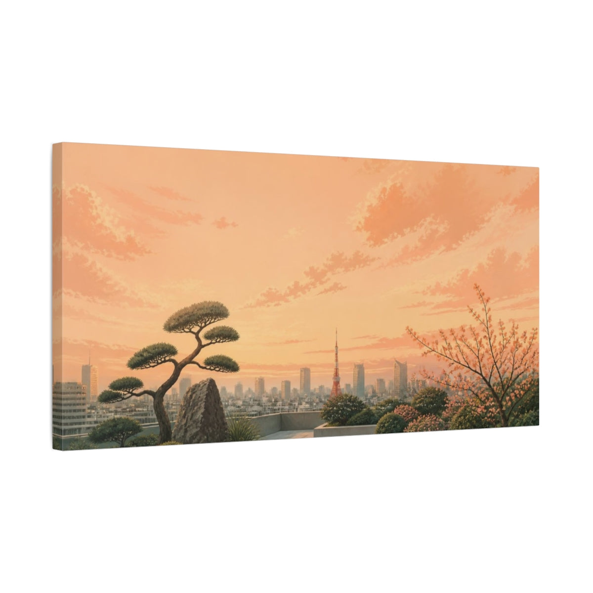 Side Mockup 1. Tokyo Rooftop At Sunset shown as canvas print