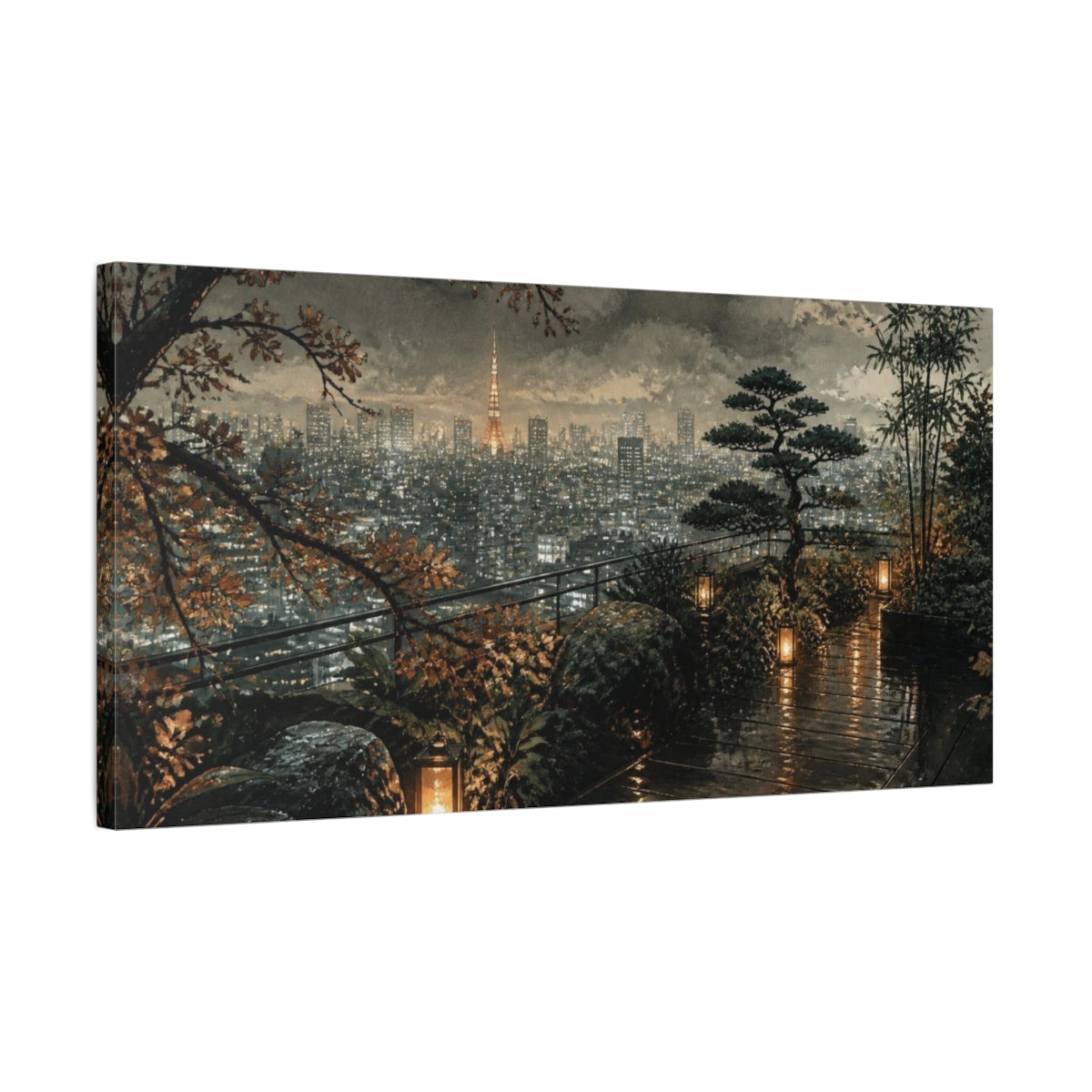 Side Mockup 1. Tokyo Rooftop Garden shown as canvas print