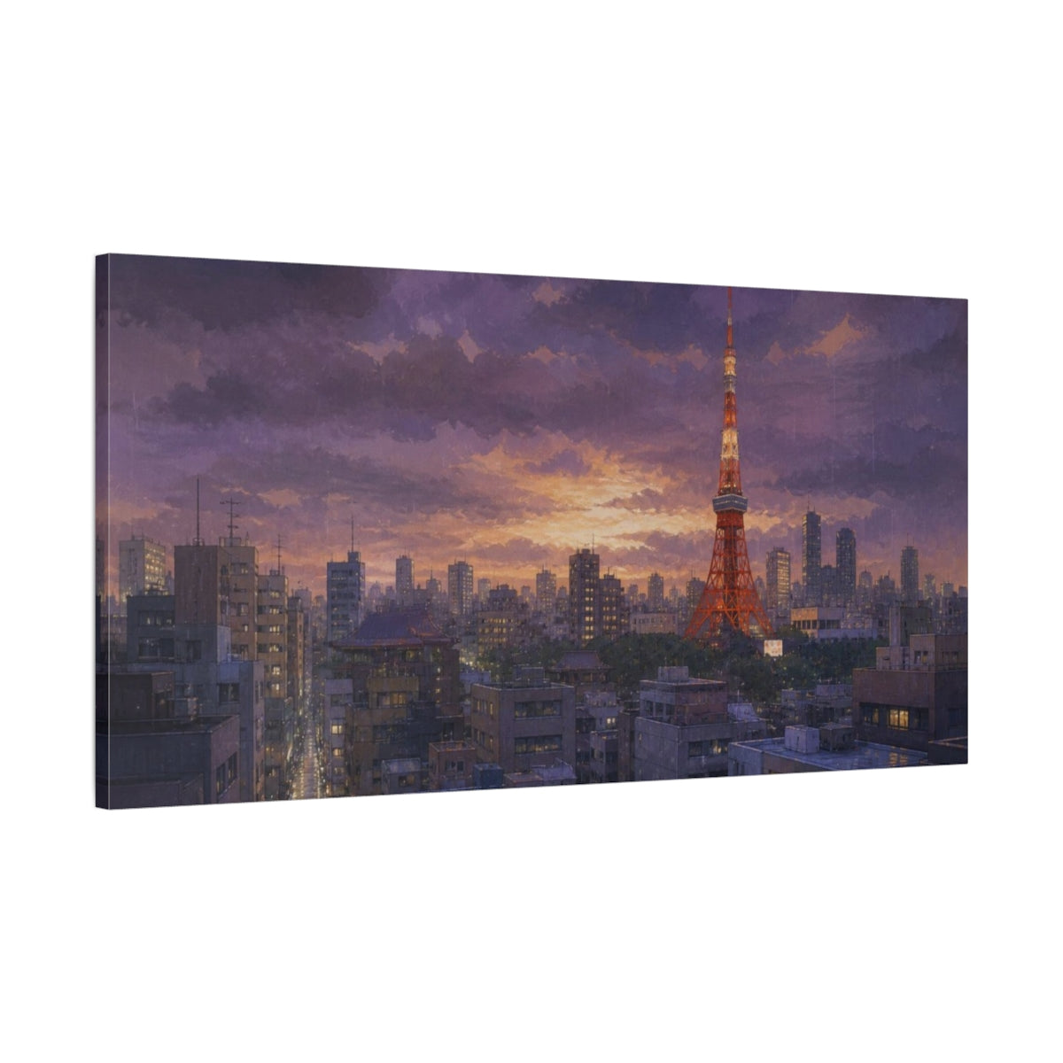 Main Mockup. Tokyo Tower Twilight Rain shown as canvas print