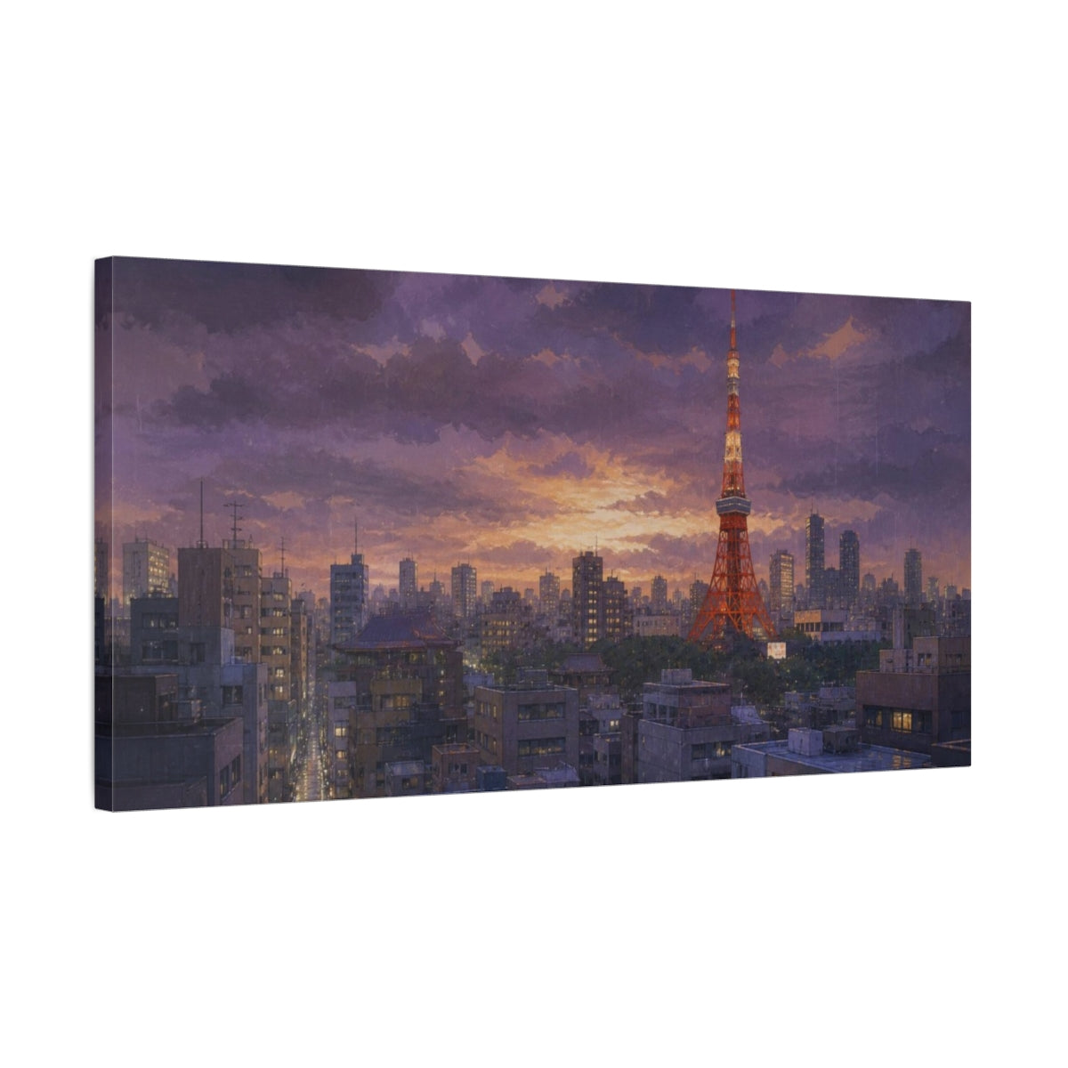 Side Mockup 1. Tokyo Tower Twilight Rain shown as canvas print