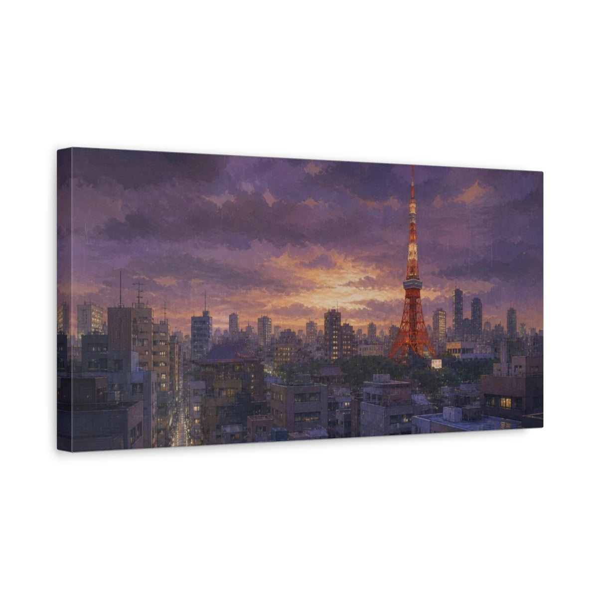 Side Mockup 3. Tokyo Tower Twilight Rain shown as canvas print