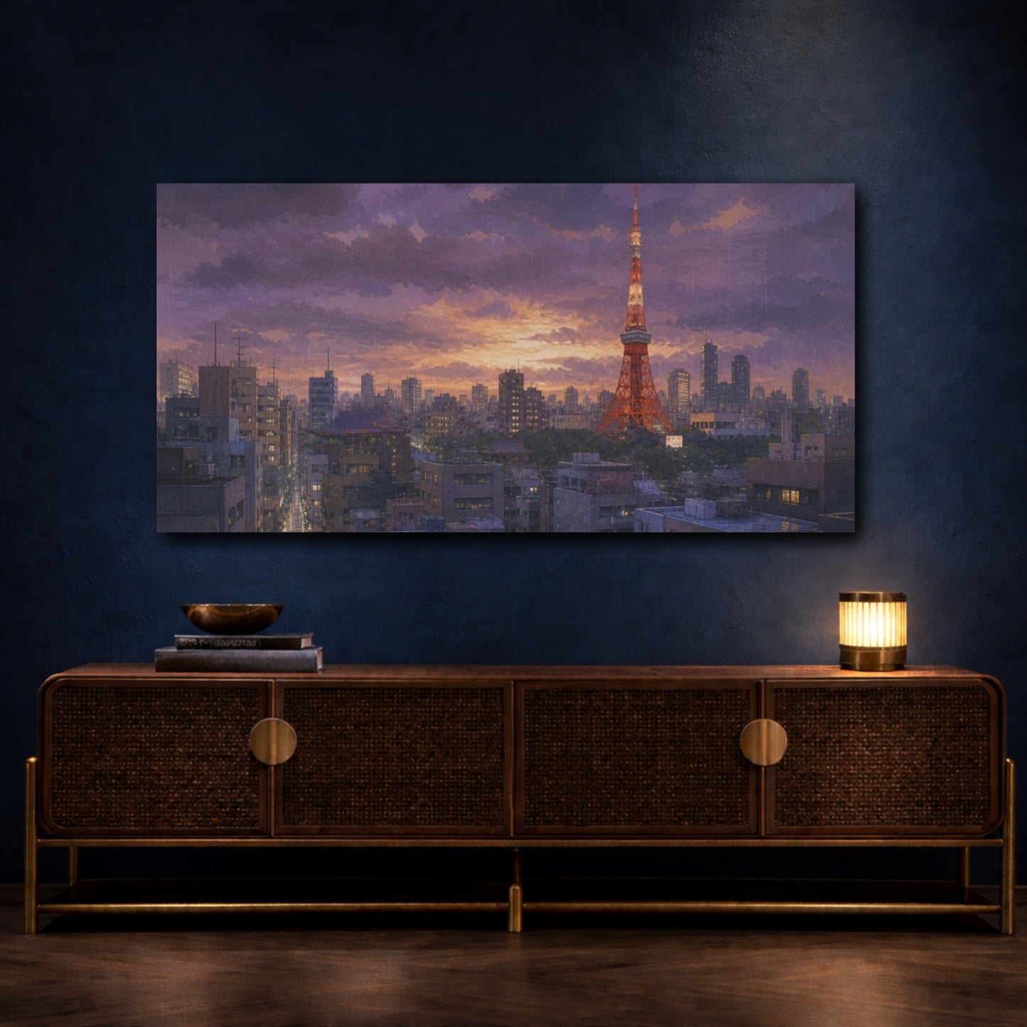 Mockup 4. Tokyo Tower Twilight Rain shown as canvas print