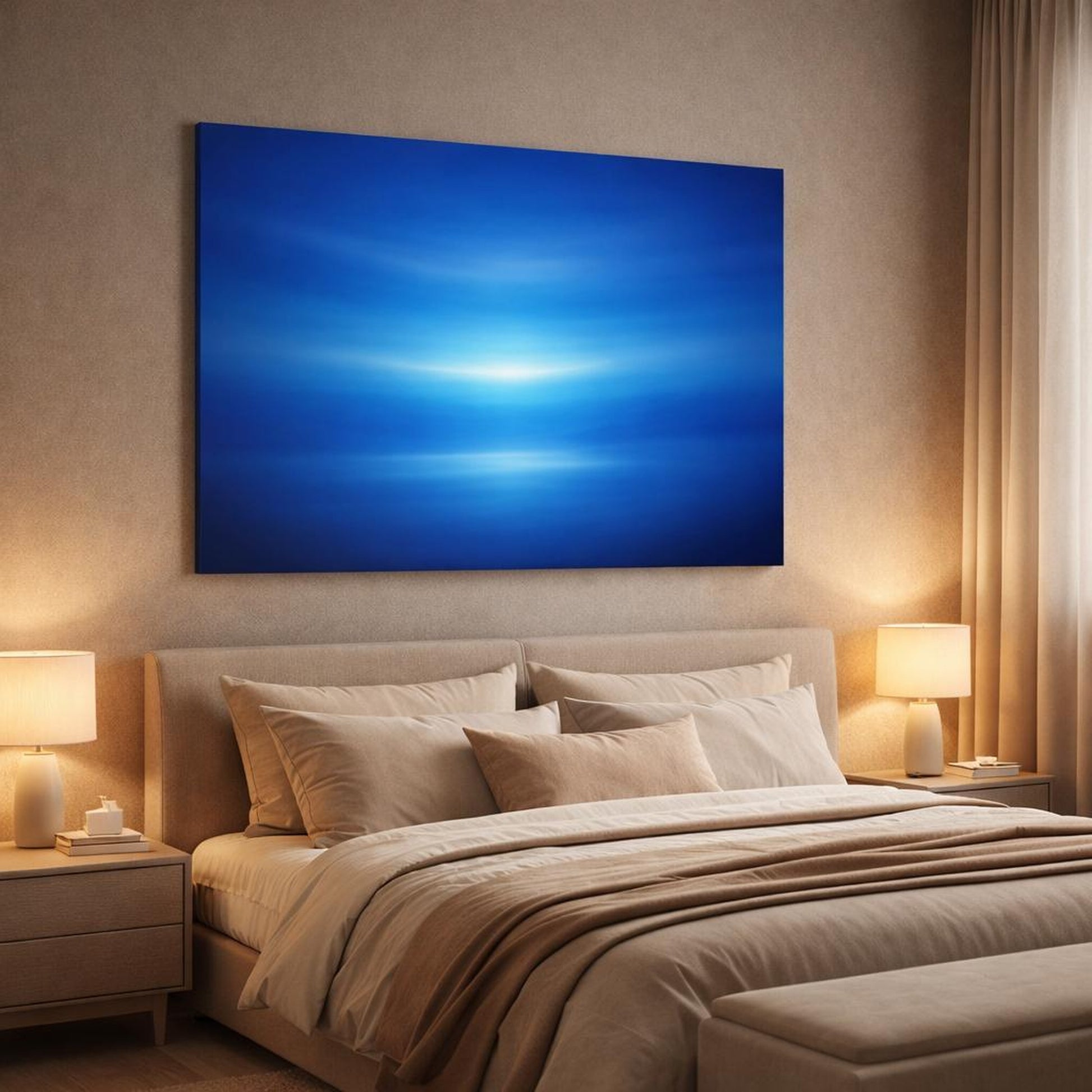 Tonal Gradient Abstract Blue shown as canvas wall art in a luxury bedroom
