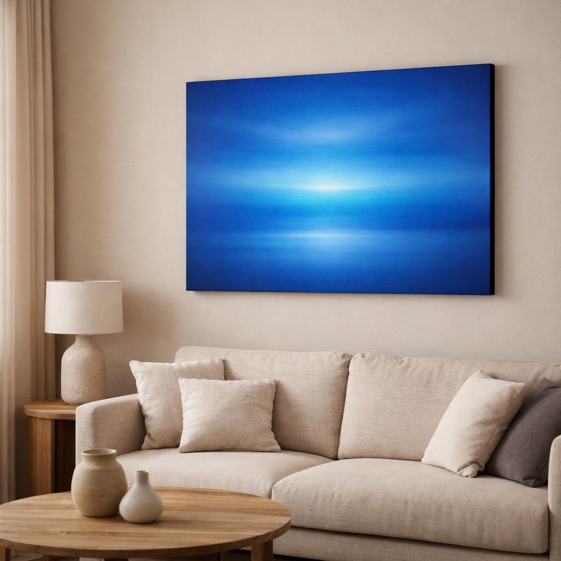 Tonal Gradient Abstract Blue shown as canvas wall art in a modern living room