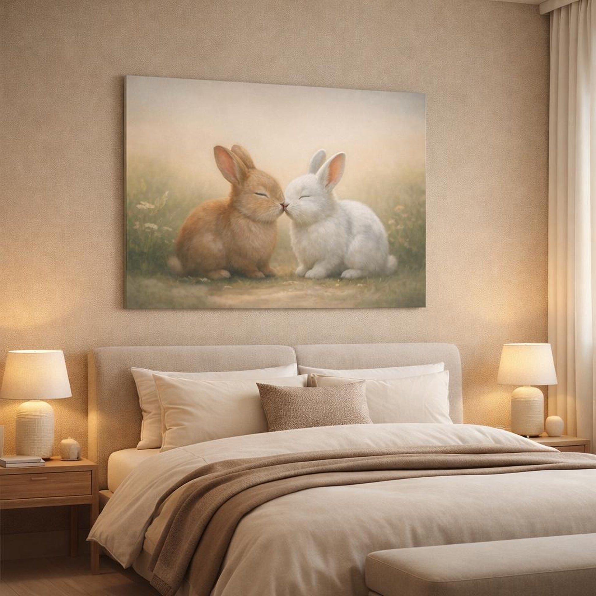 Tonal Gradient Bunny Love shown as canvas wall art in a luxury bedroom