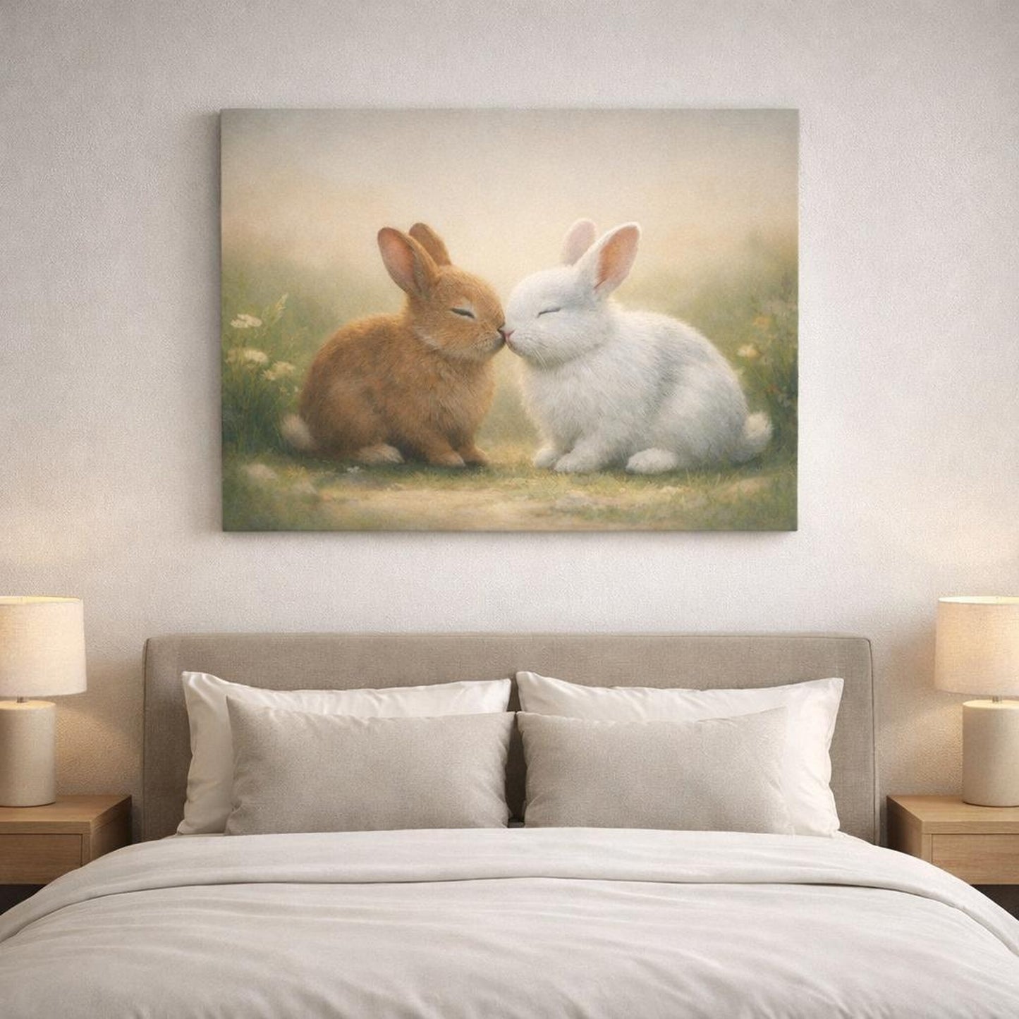 Tonal Gradient Bunny Love shown as canvas wall art in a refined dining room