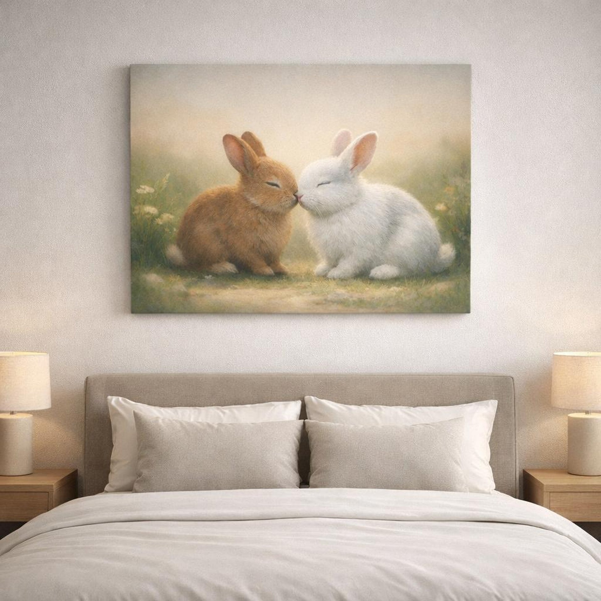 Tonal Gradient Bunny Love shown as canvas wall art in a refined dining room