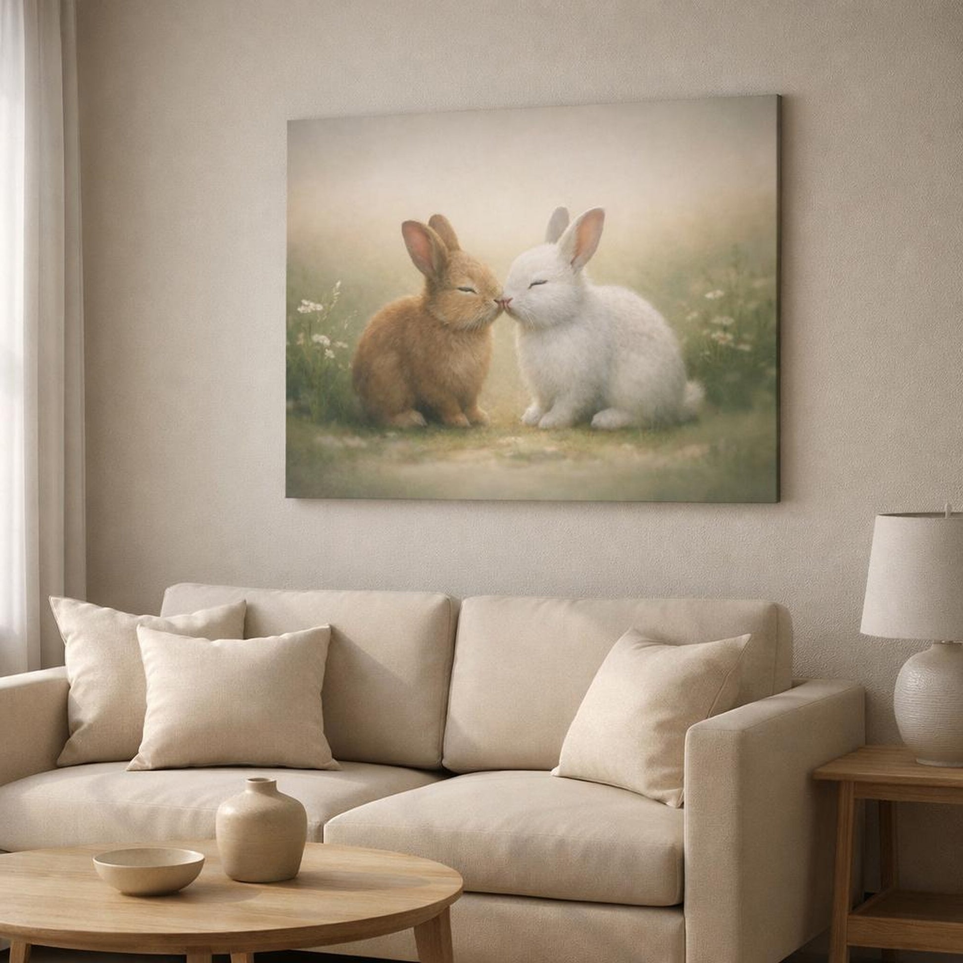 Tonal Gradient Bunny Love shown as canvas wall art in a modern living room