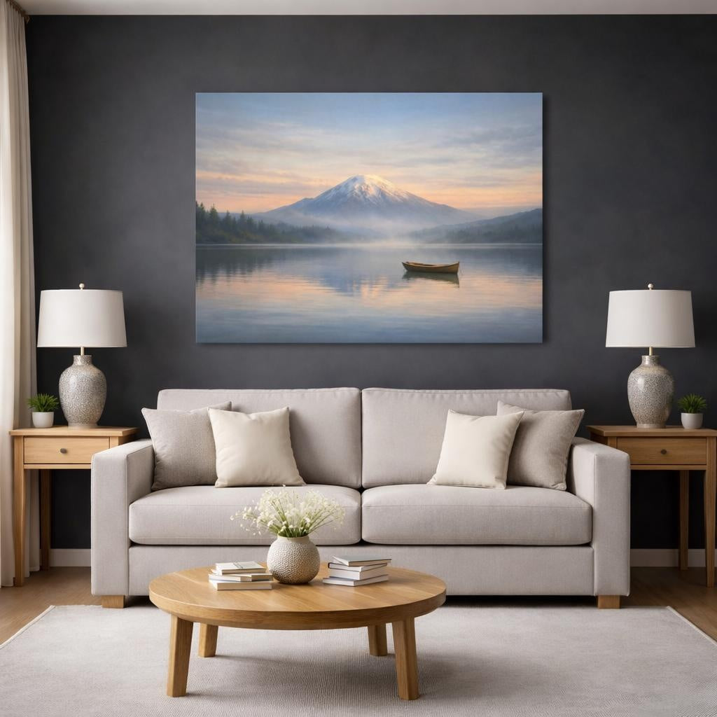 Tonal Gradient Cloud Sky shown as canvas wall art in a modern living room