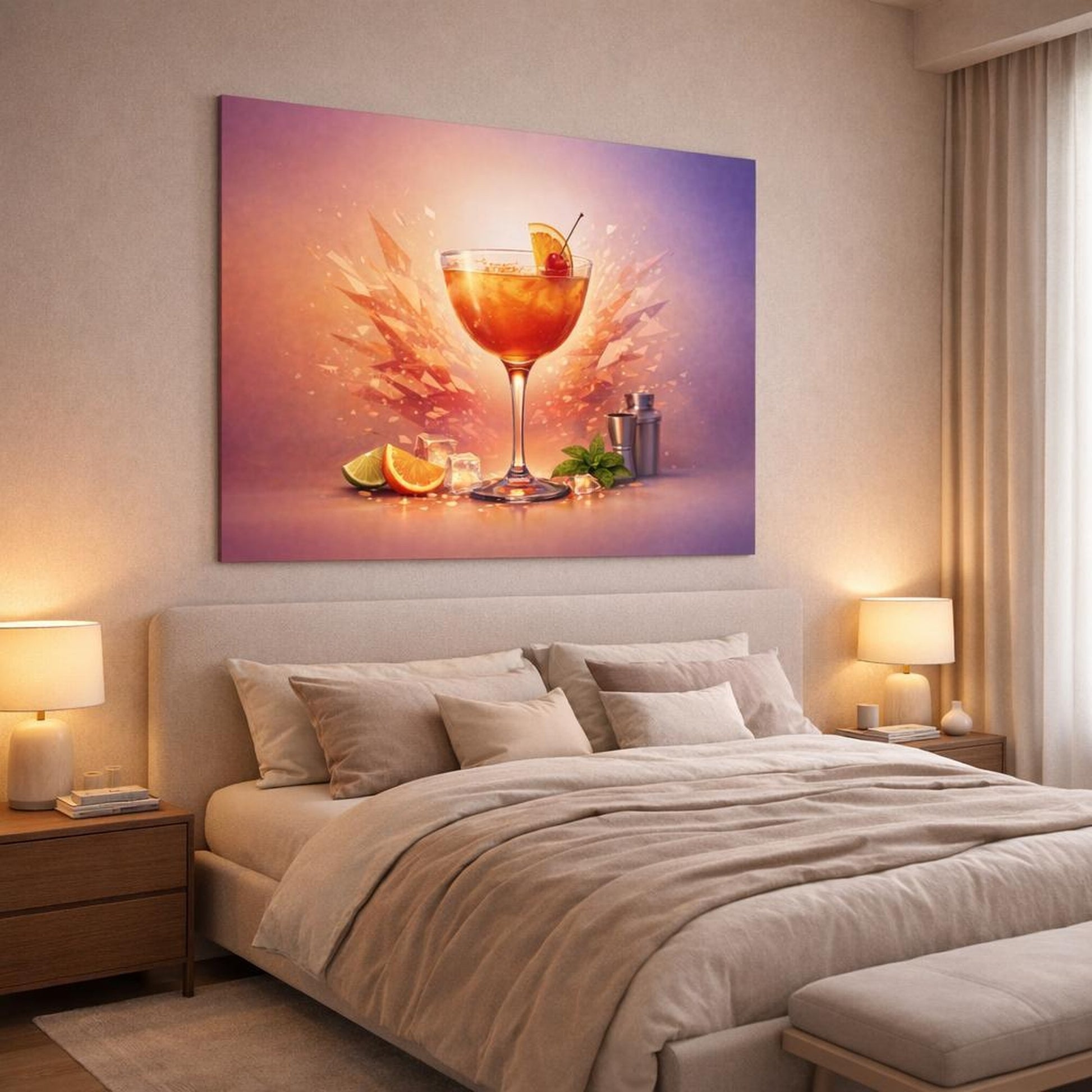 Tonal Gradient Cocktail Poster shown as canvas wall art in a luxury bedroom