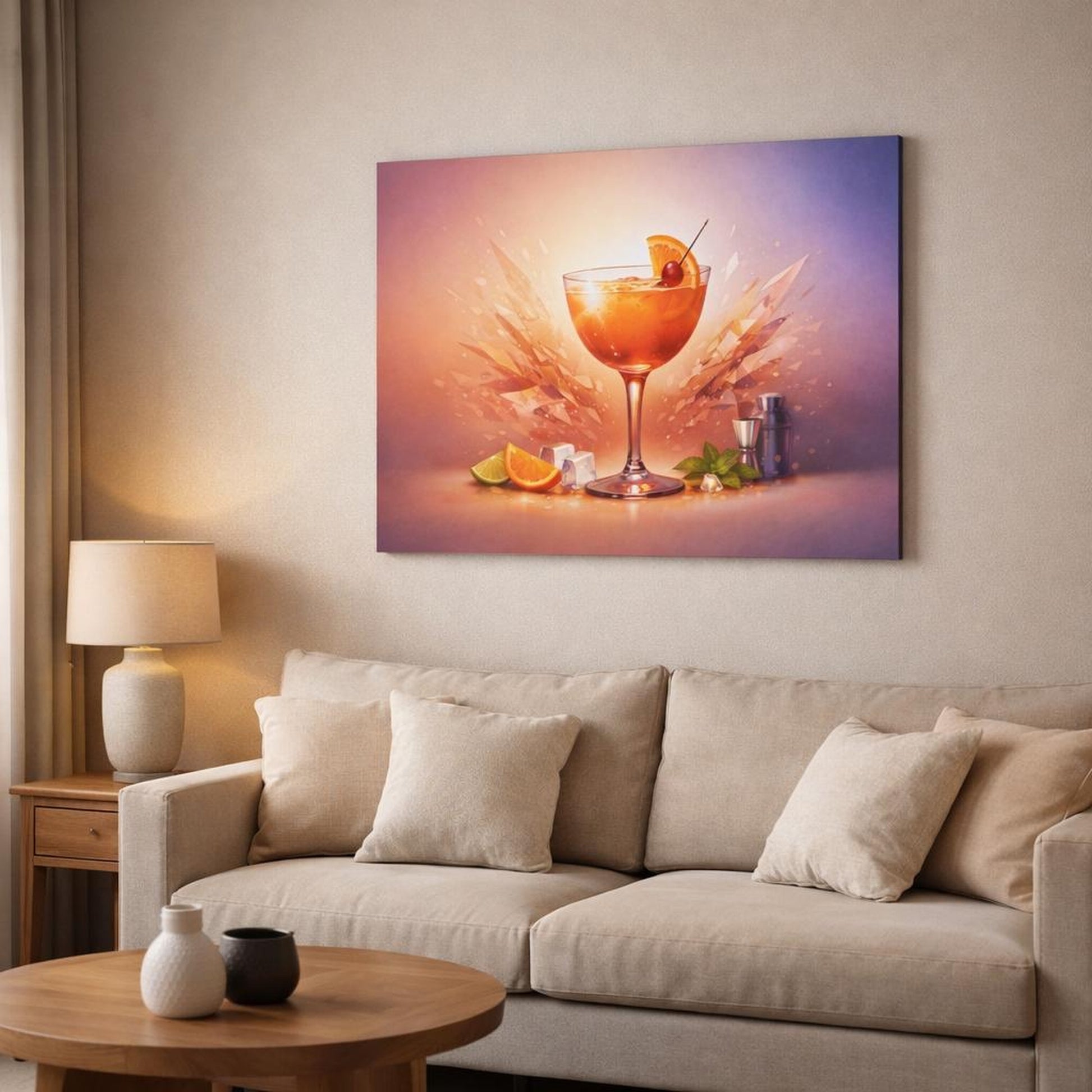 Tonal Gradient Cocktail Poster shown as canvas wall art in a modern living room