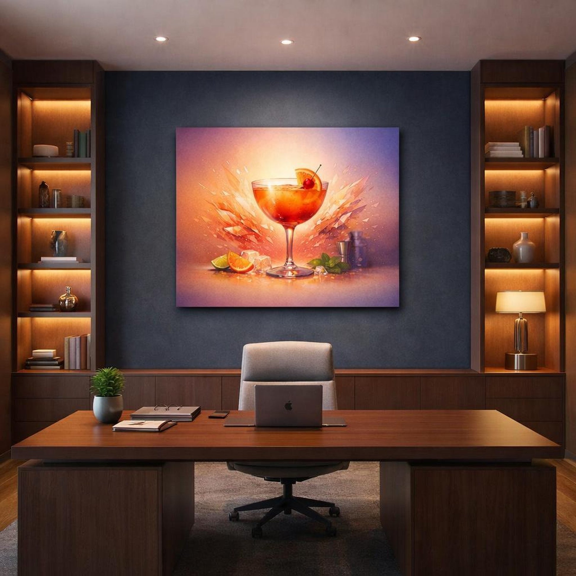 Tonal Gradient Cocktail Poster shown as canvas wall art in a refined dining room