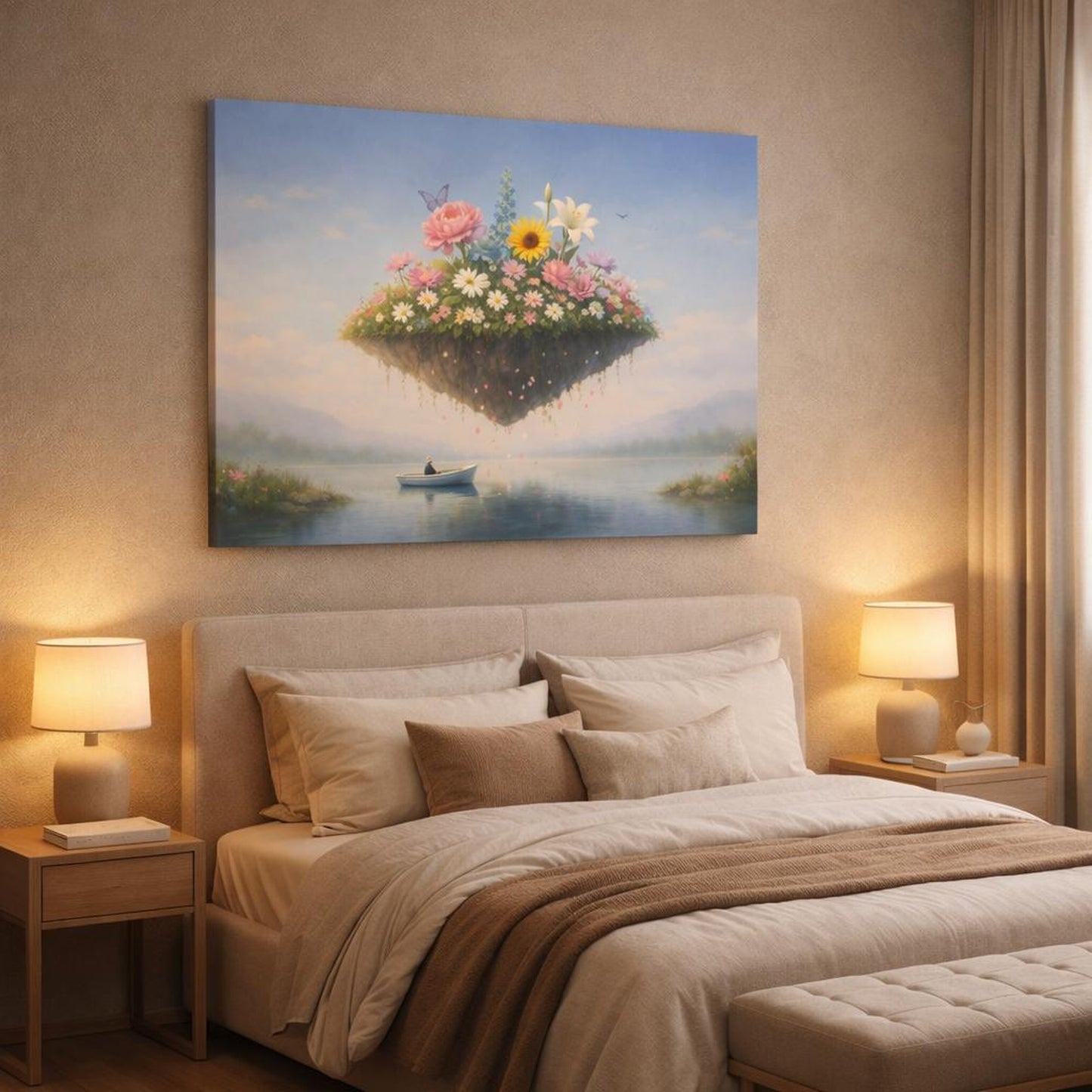 Tonal Gradient Flowers Serene shown as canvas wall art in a luxury bedroom