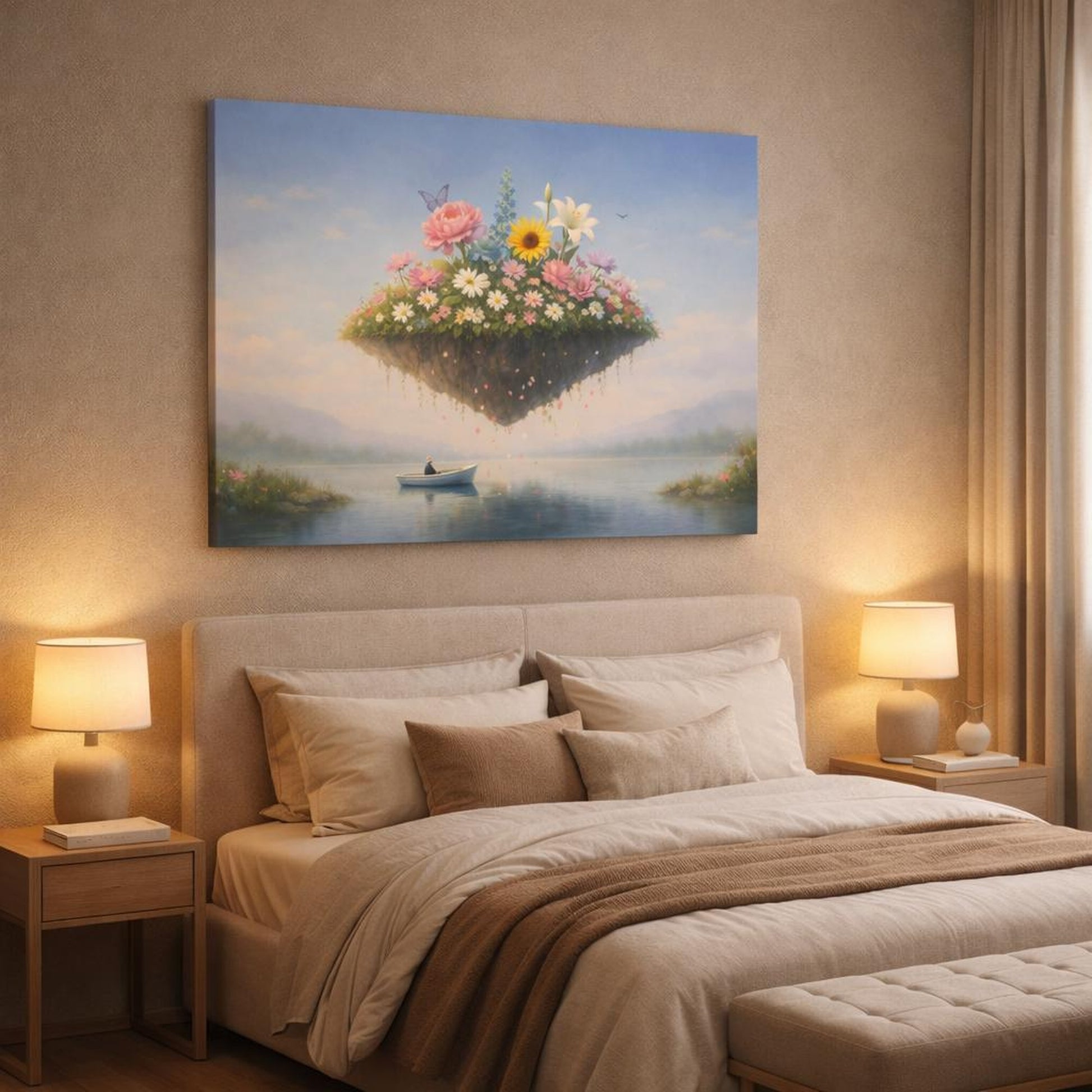 Tonal Gradient Flowers Serene shown as canvas wall art in a luxury bedroom