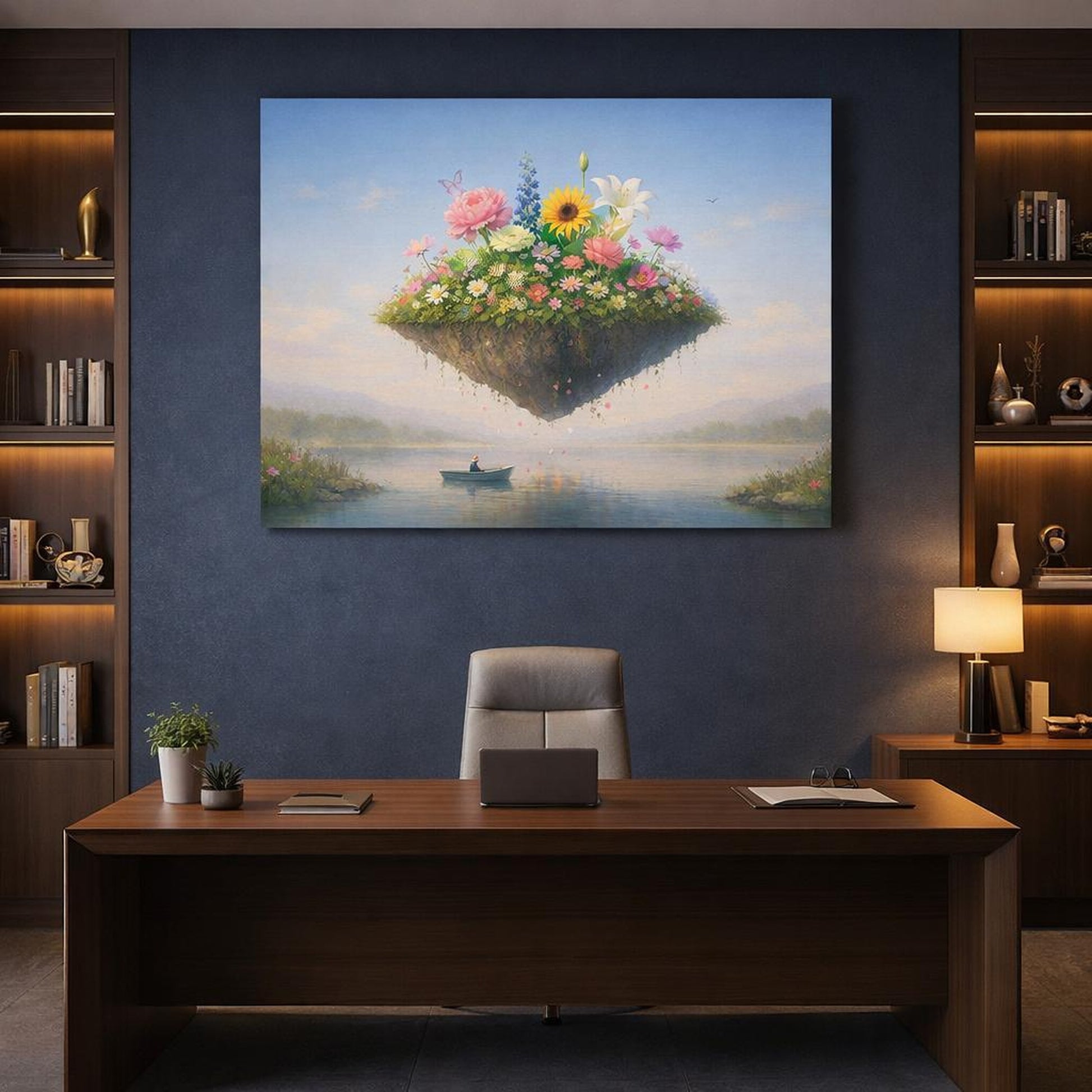 Tonal Gradient Flowers Serene shown as canvas wall art in a refined dining room