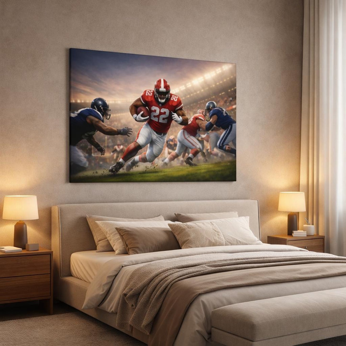 Tonal Gradient Football shown as canvas wall art in a luxury bedroom