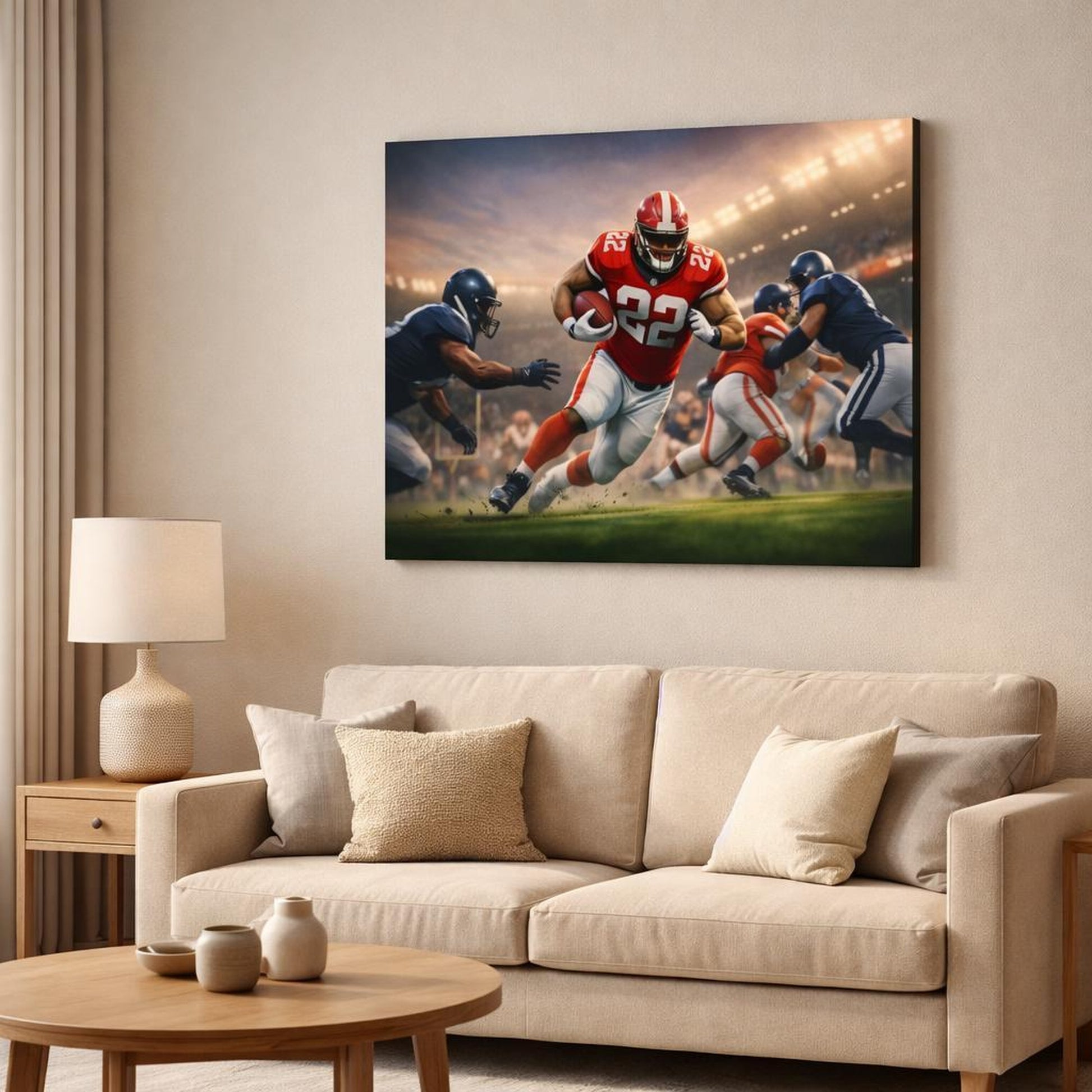 Tonal Gradient Football shown as canvas wall art in a modern living room