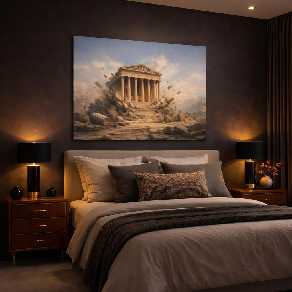 Tonal Gradient Greek Temple shown as canvas wall art in a luxury bedroom