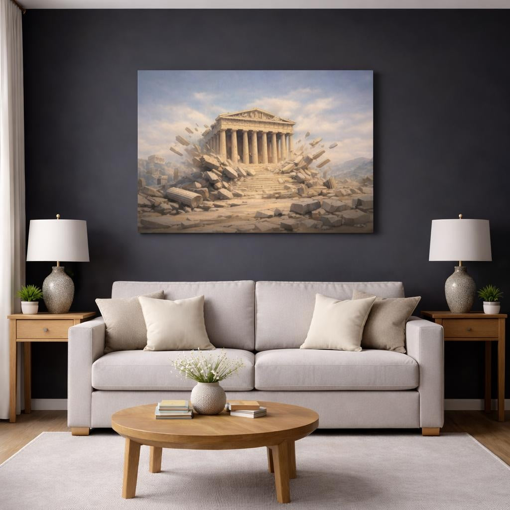 Tonal Gradient Greek Temple shown as canvas wall art in a modern living room