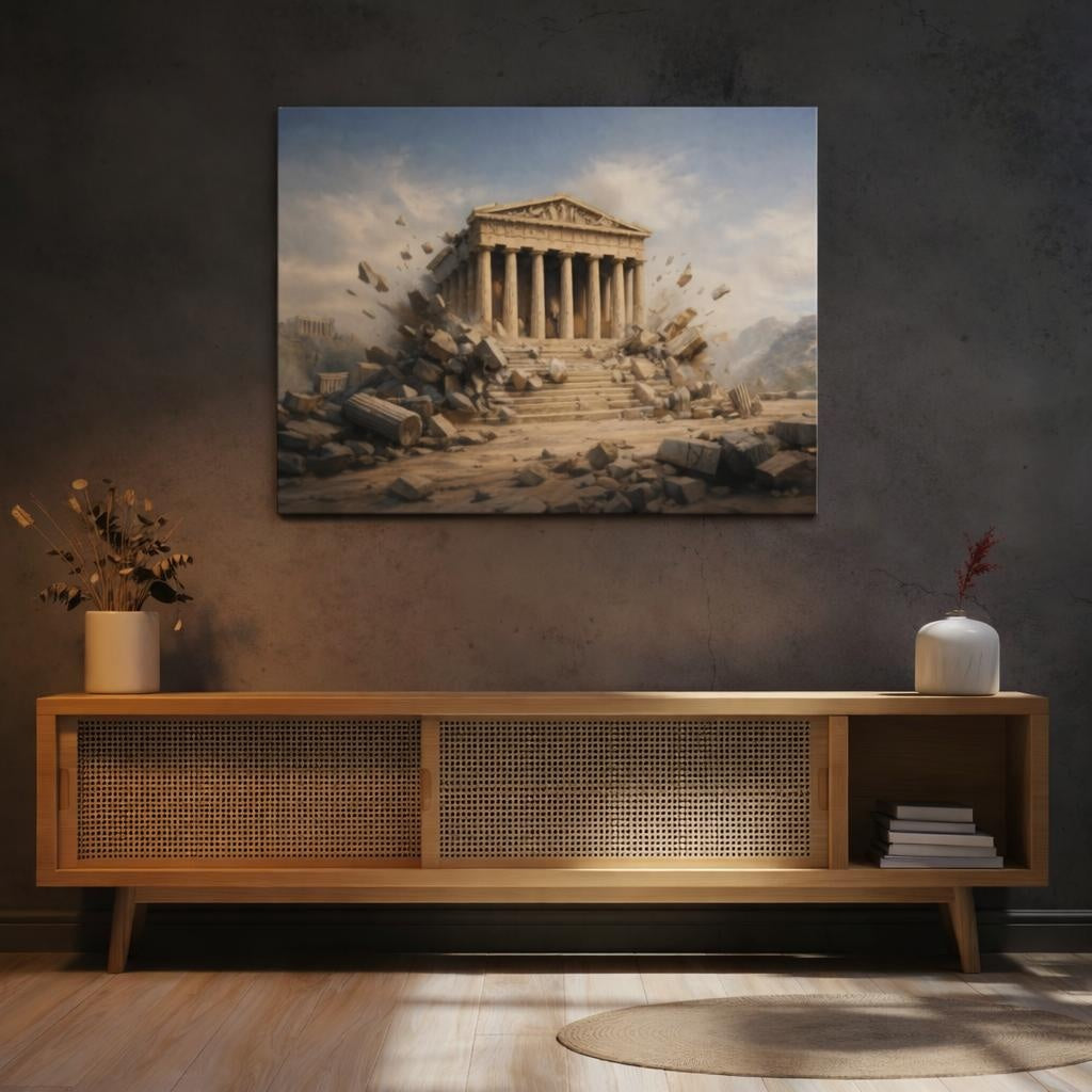 Tonal Gradient Greek Temple shown as canvas wall art in a refined dining room