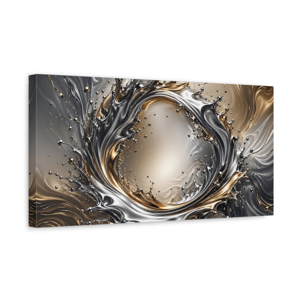 Tonal Gradient Liquid Chrome Forming A Canvas Print – Living Room, Above Fireplace, Gold and Silver - YesArtYes