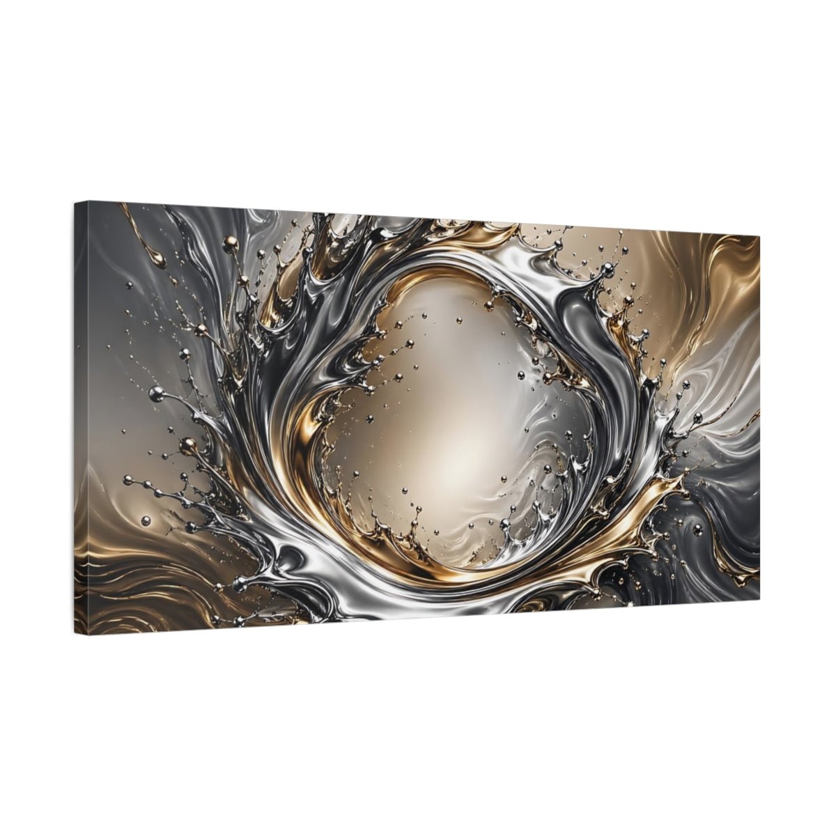 Tonal Gradient Liquid Chrome Forming A Canvas Print – Living Room, Above Fireplace, Gold and Silver - YesArtYes