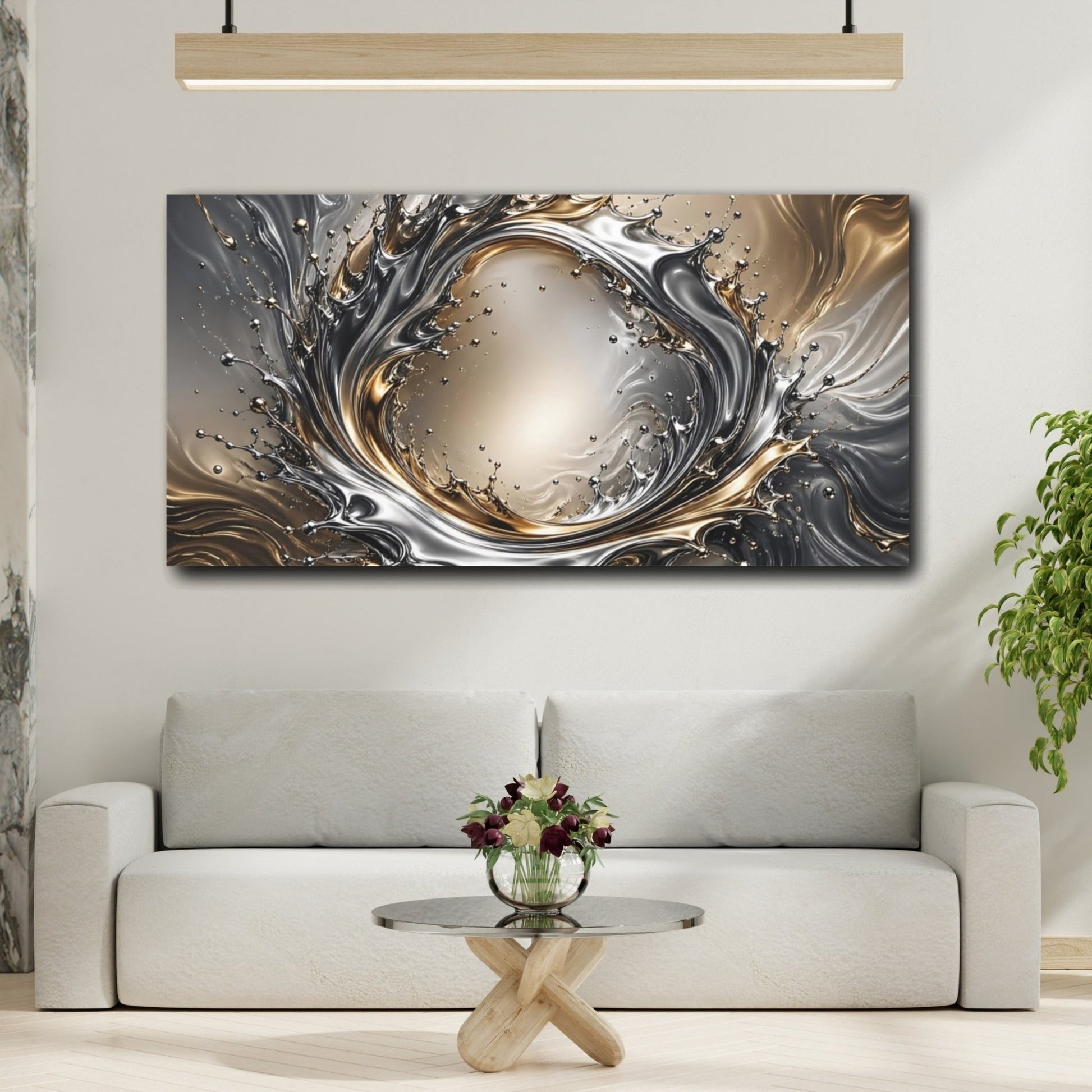 Tonal Gradient Liquid Chrome Forming A Canvas Print – Living Room, Above Fireplace, Gold and Silver - YesArtYes