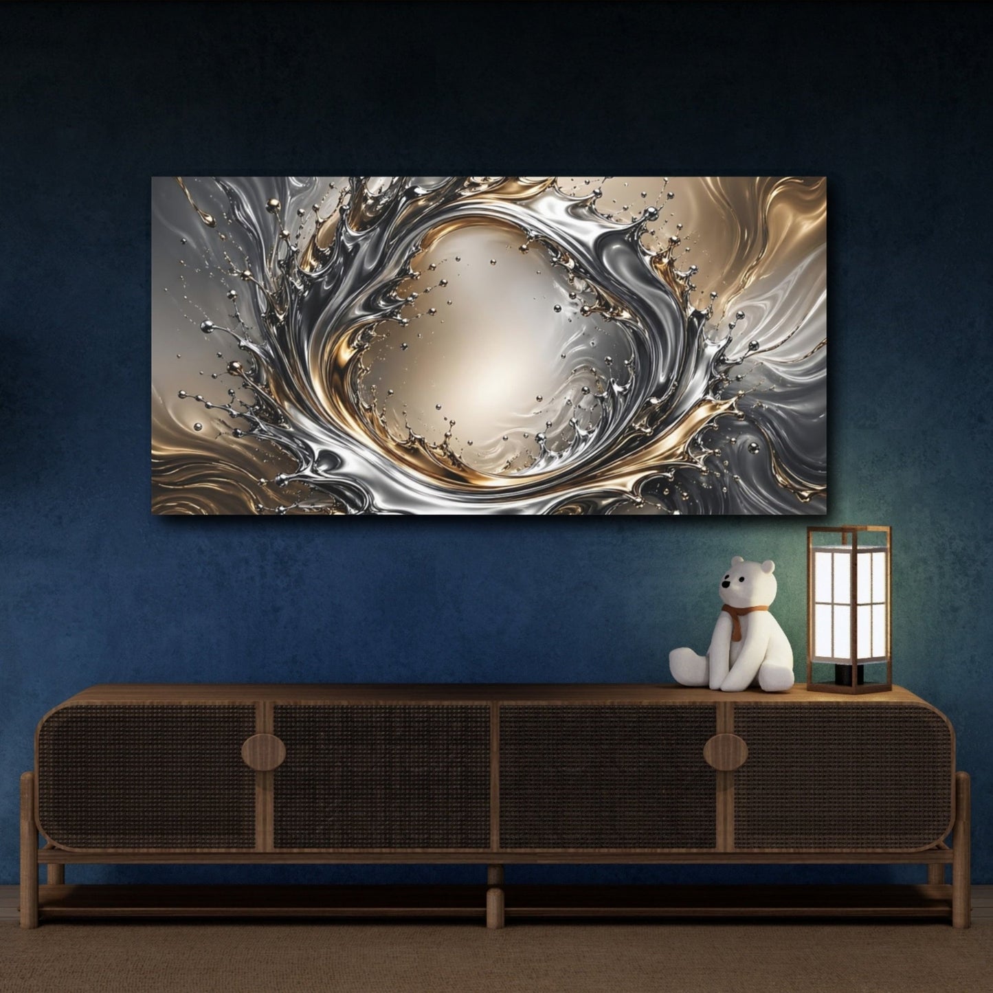 Tonal Gradient Liquid Chrome Forming A Canvas Print – Living Room, Above Fireplace, Gold and Silver - YesArtYes