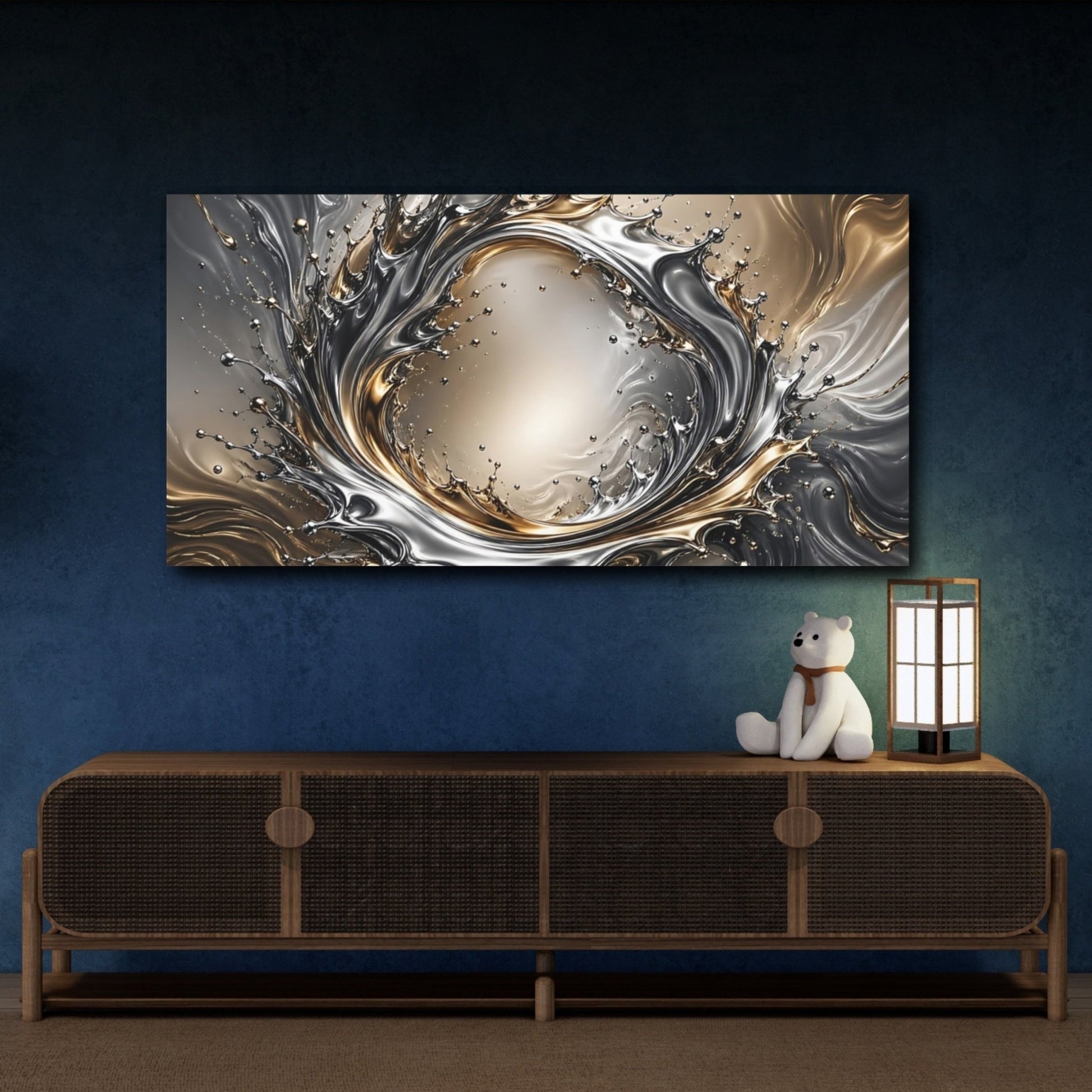 Tonal Gradient Liquid Chrome Forming A Canvas Print – Living Room, Above Fireplace, Gold and Silver - YesArtYes