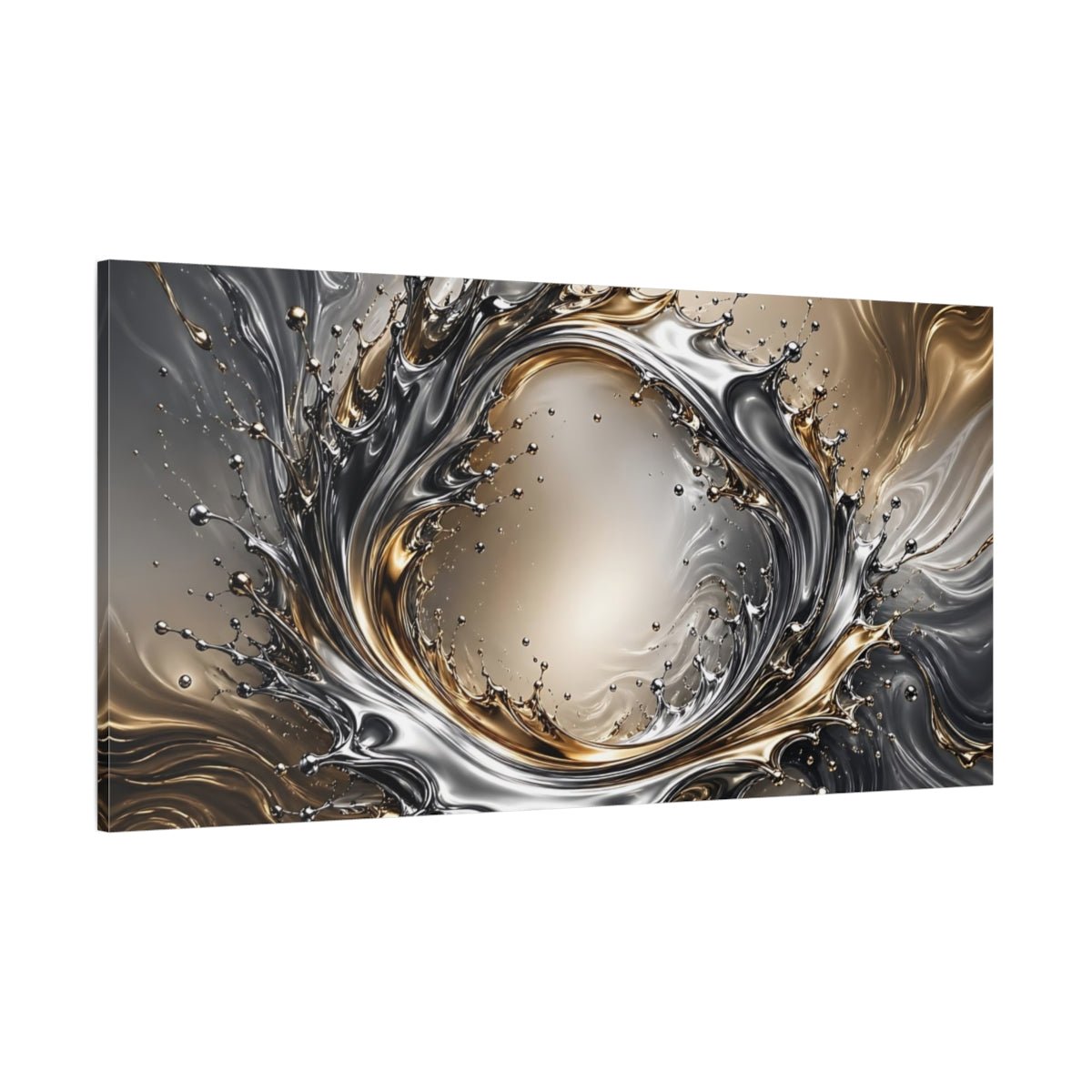 Tonal Gradient Liquid Chrome Forming A Canvas Print – Living Room, Above Fireplace, Gold and Silver - YesArtYes