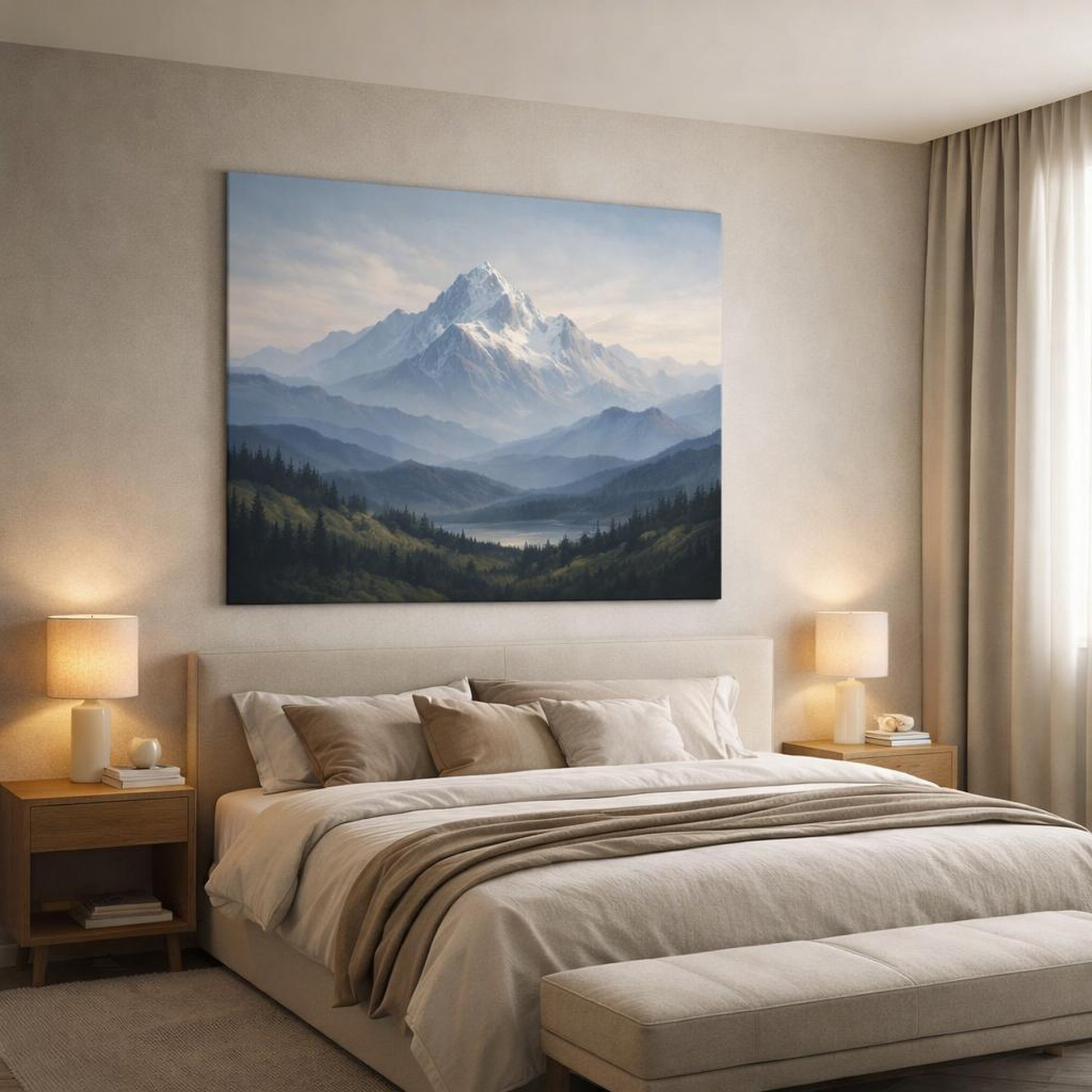 Tonal Gradient Mountain Neutral shown as canvas wall art in a luxury bedroom