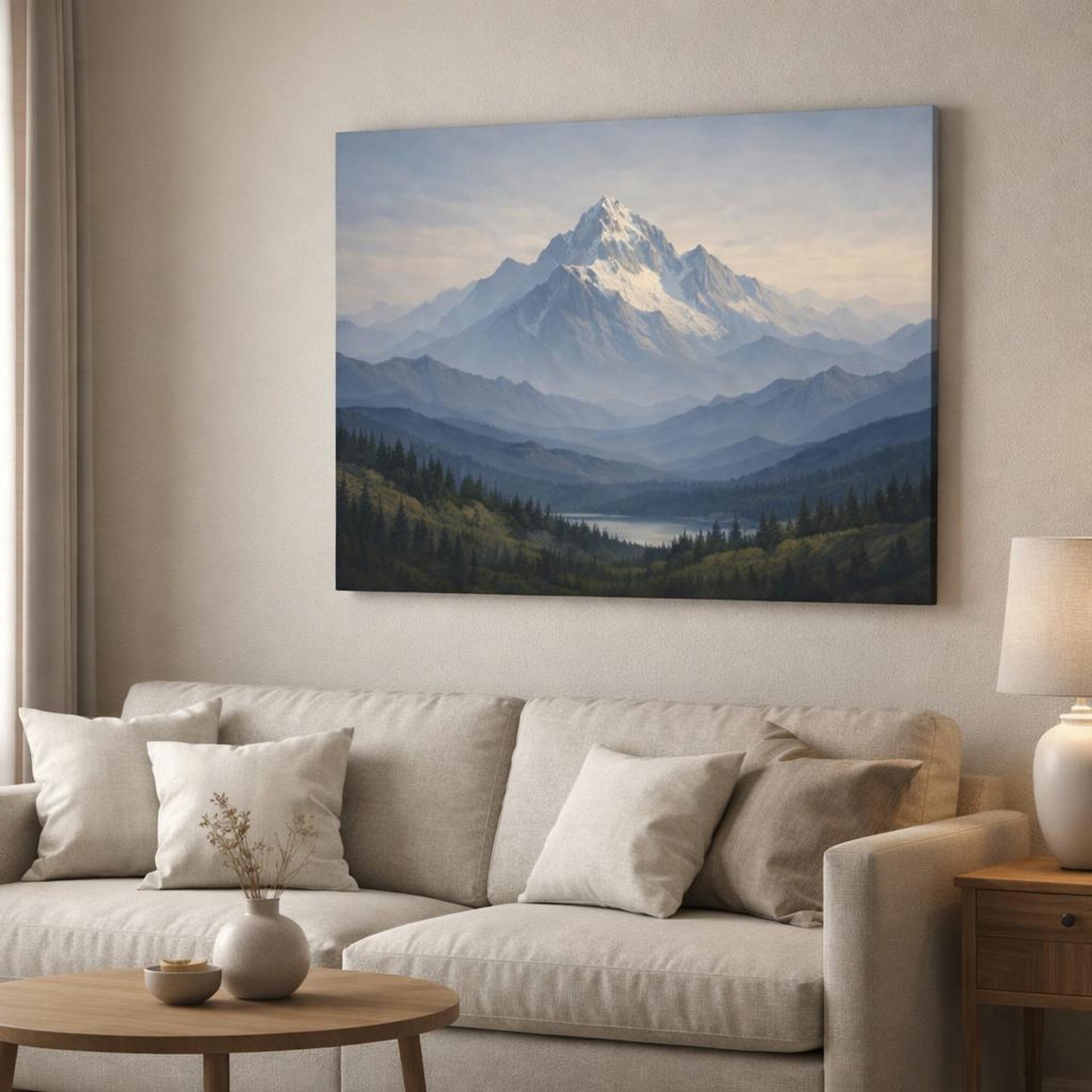Tonal Gradient Mountain Neutral shown as canvas wall art in a modern living room