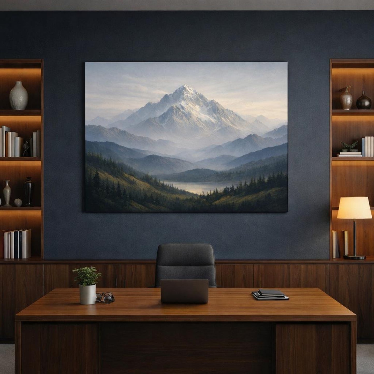 Tonal Gradient Mountain Neutral shown as canvas wall art in a refined dining room