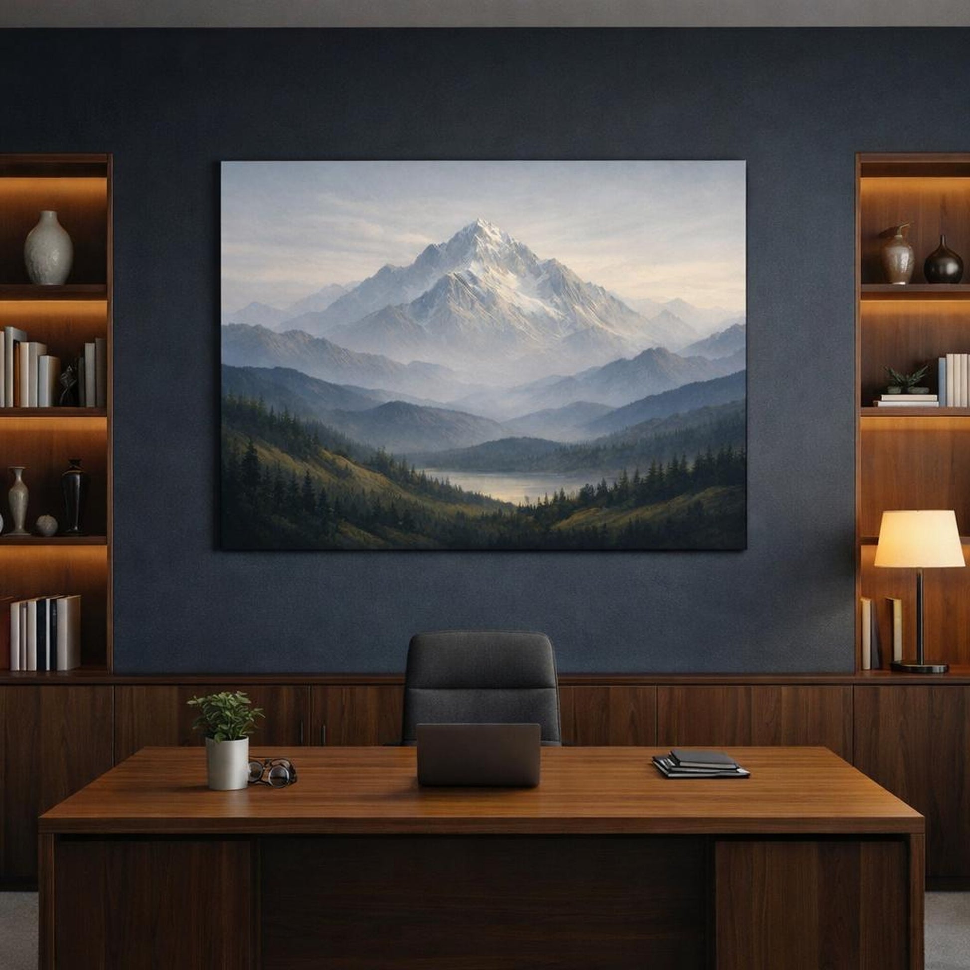 Tonal Gradient Mountain Neutral shown as canvas wall art in a refined dining room