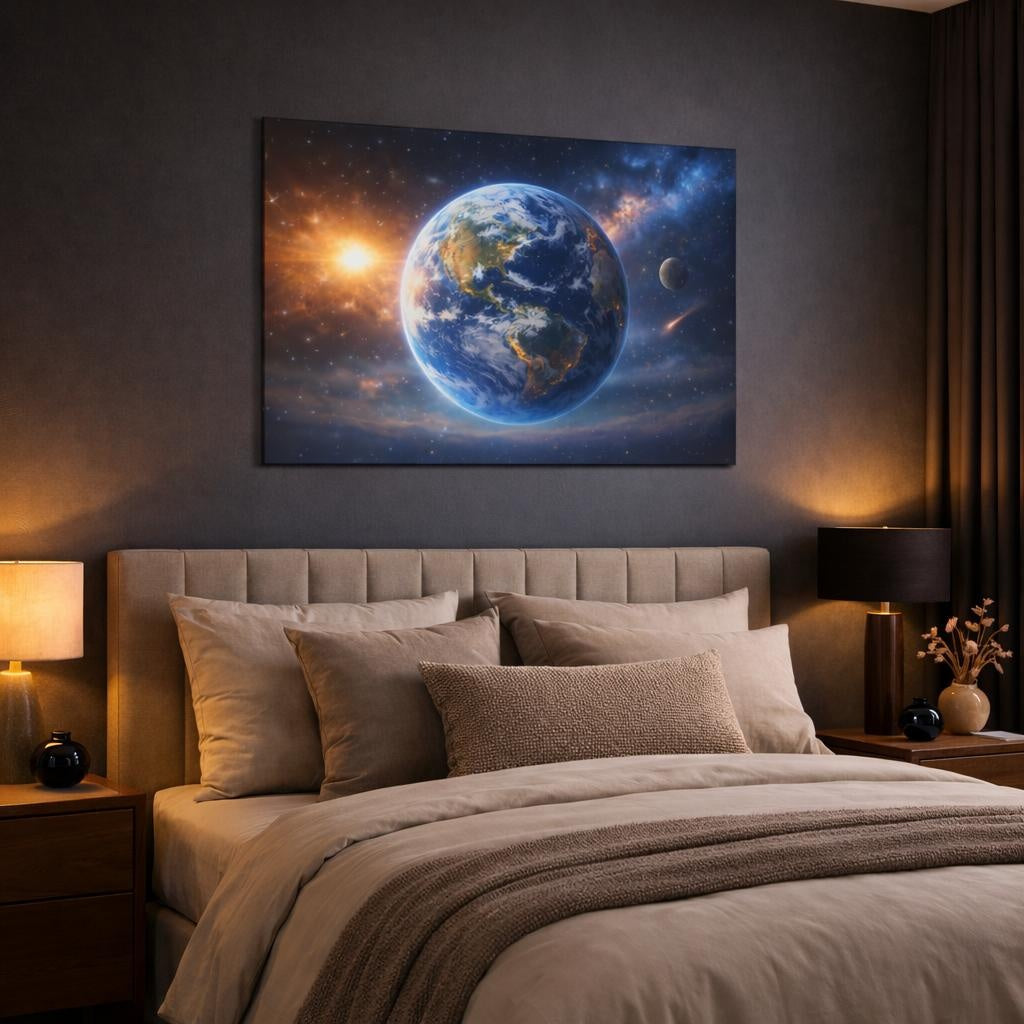 Tonal Gradient Planet Earth View shown as canvas wall art in a luxury bedroom