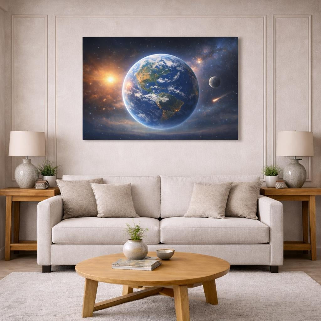 Tonal Gradient Planet Earth View shown as canvas wall art in a modern living room