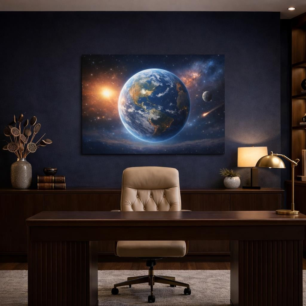 Tonal Gradient Planet Earth View shown as canvas wall art in a refined dining room